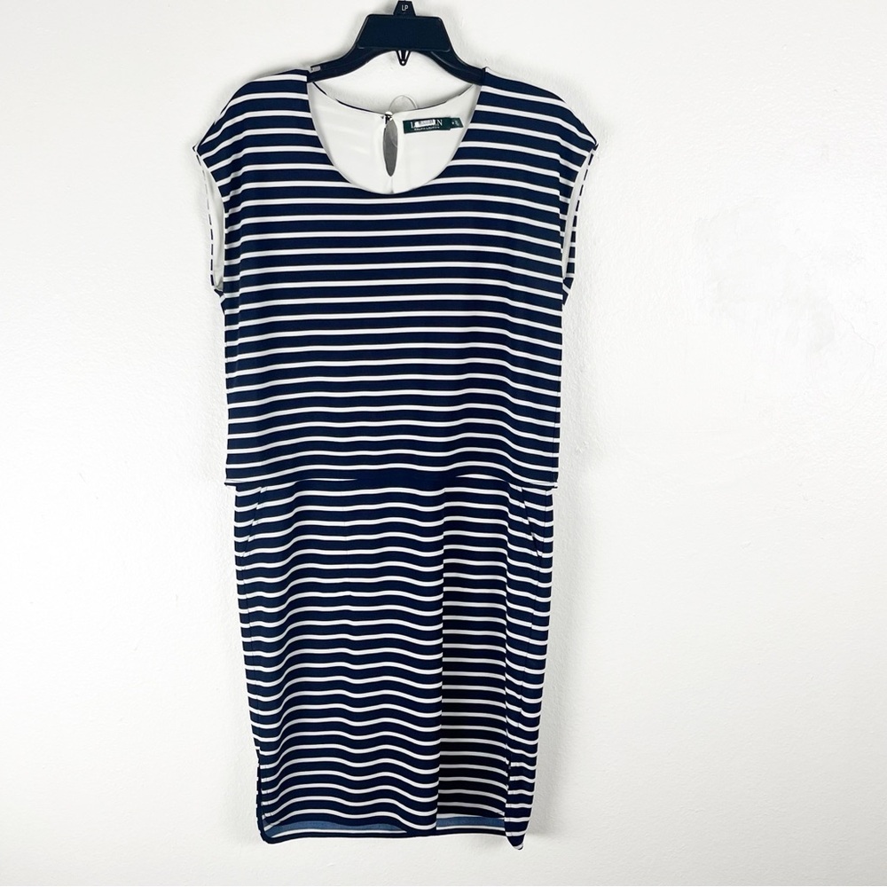 LAUREN RALPH LAUREN Blue White Stripe Sleeveless Side Pockets Lined Dress Medium